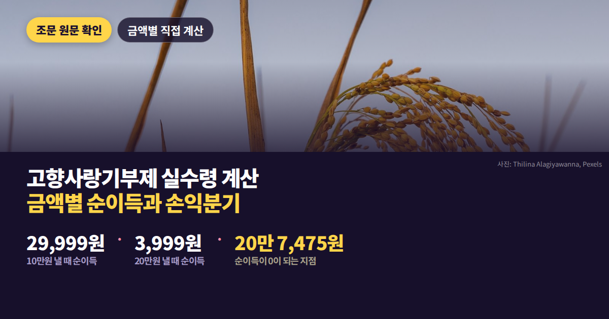 고향사랑기부제 10만원 순이득 약 3만원과 20만원 순이득 3,999원을 나란히 비교한 대표 이미지
