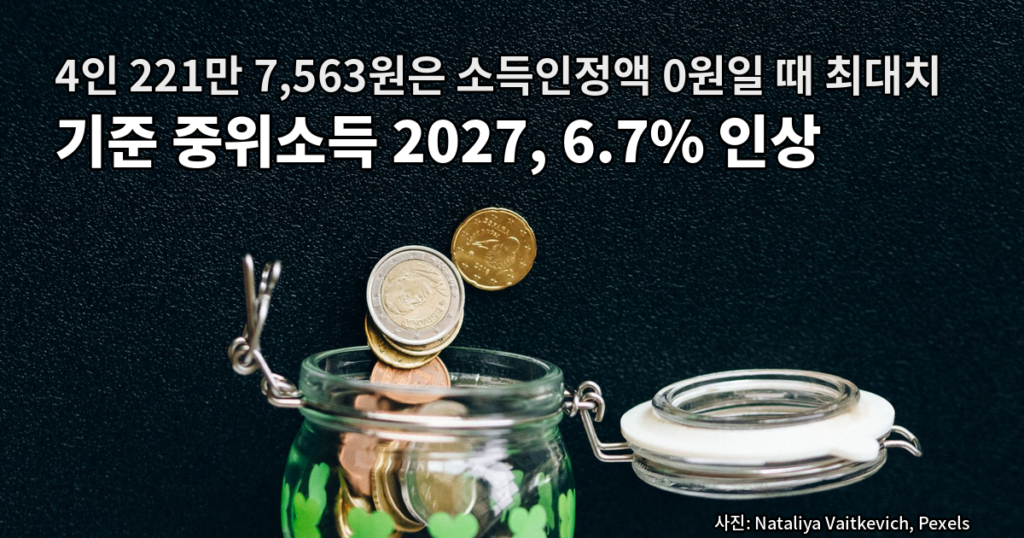 검정 배경 위에 동전이 담긴, 클로버 무늬가 그려진 유리 밀폐용기가 놓인 사진
