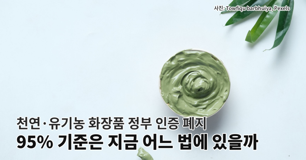 긴 초록 잎과 초록 클레이 그릇이 놓인 화장품 플랫레이